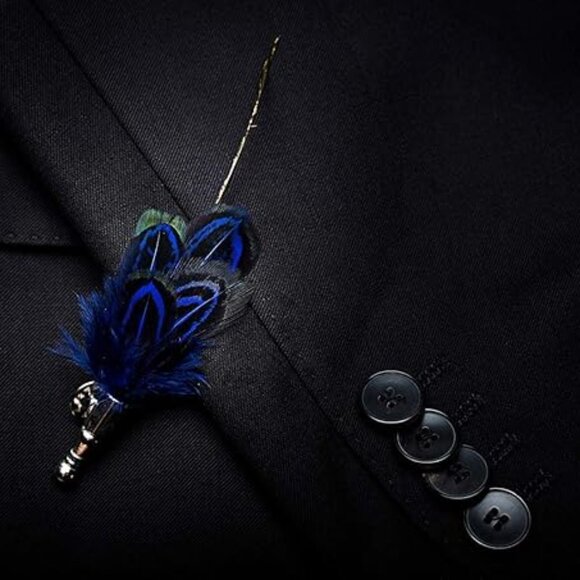 Men's Natural Feather Pre-Tied Bow tie & Lapel Pin - Picture 5 of 5